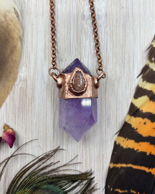 Amethyst & Sunstone Pendant - Copper Electroformed