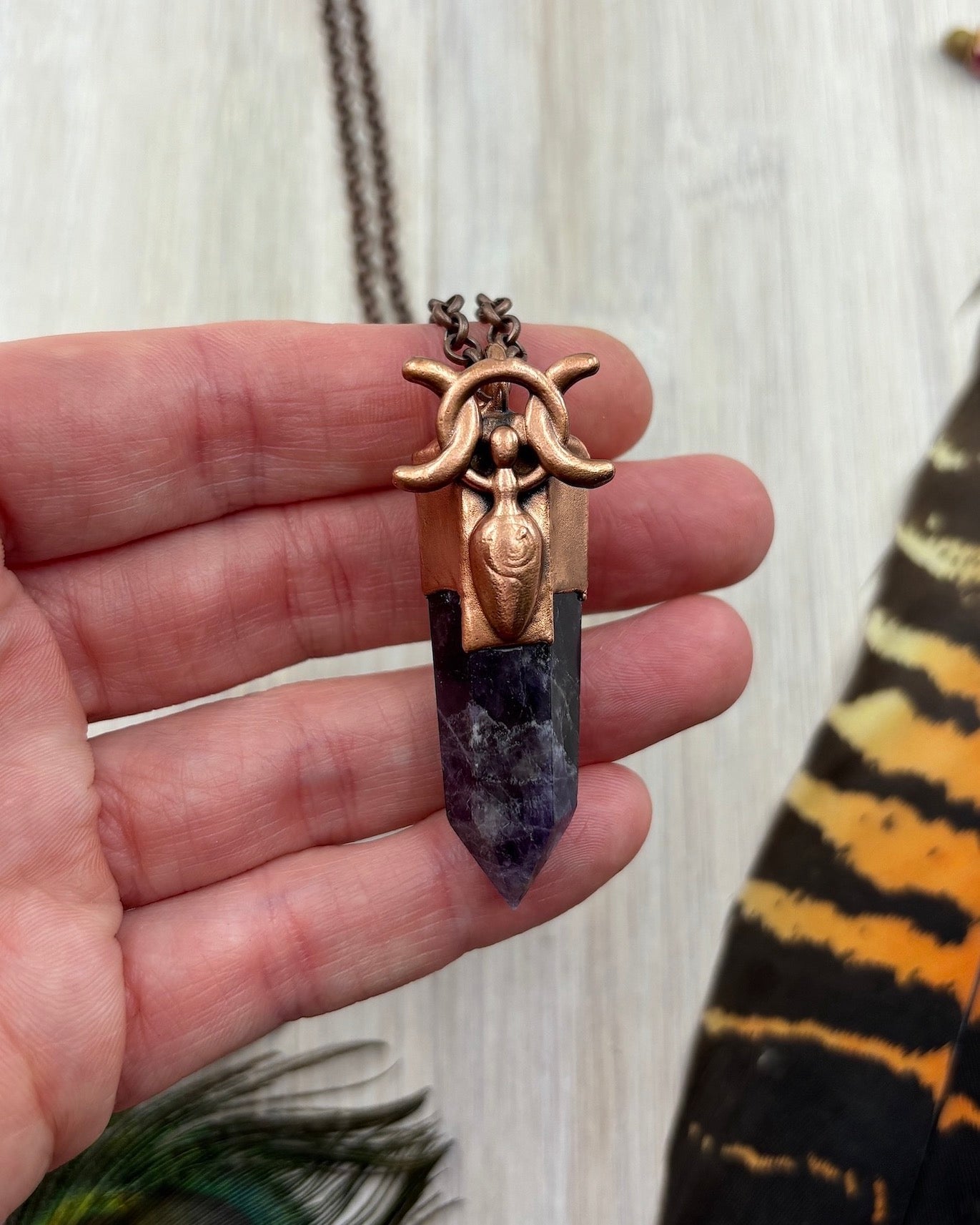 Triple Moon Goddess Pendant with Amethyst Copper Electroformed