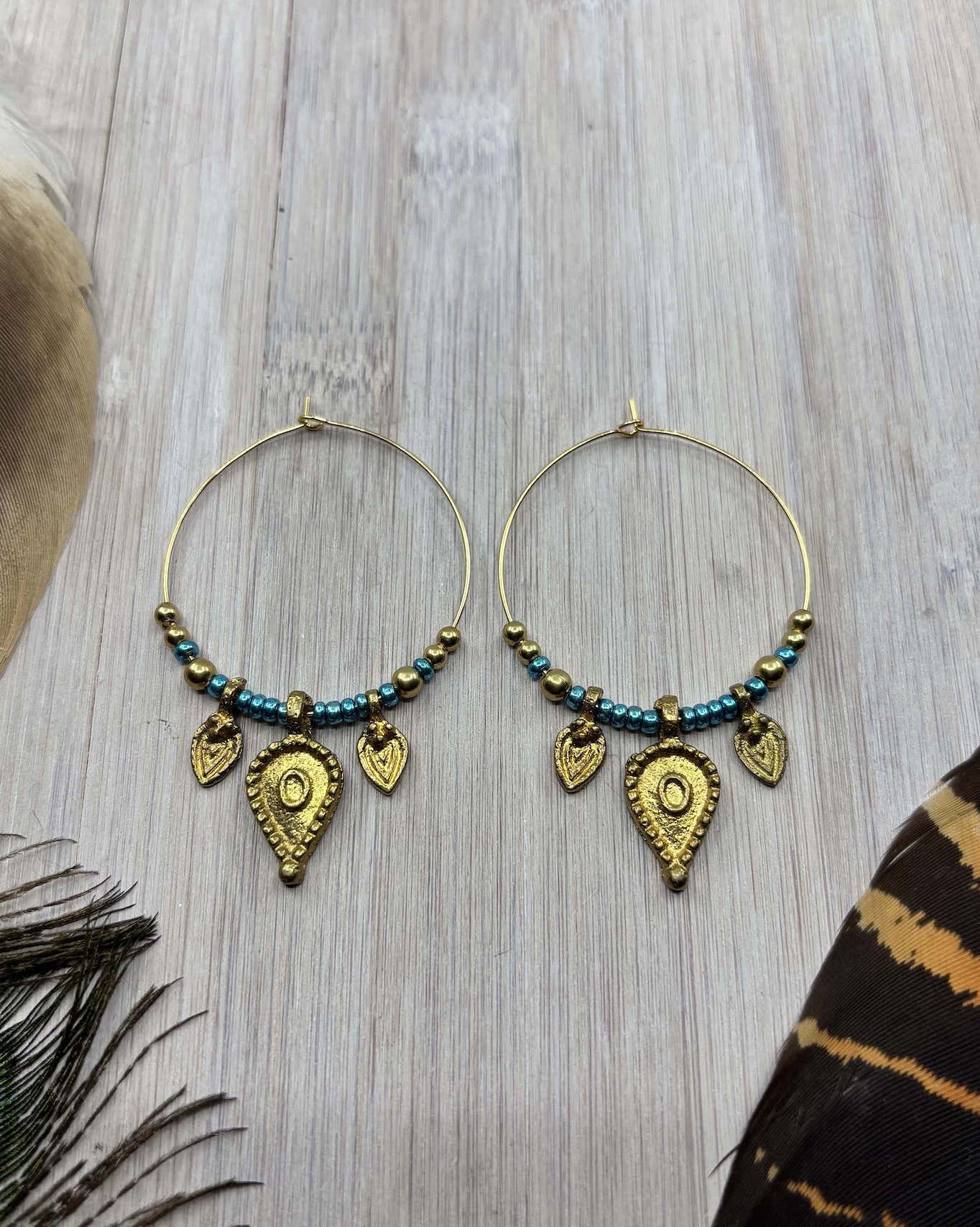 Brass Charmed Beaded Hoop Tribal Earrings