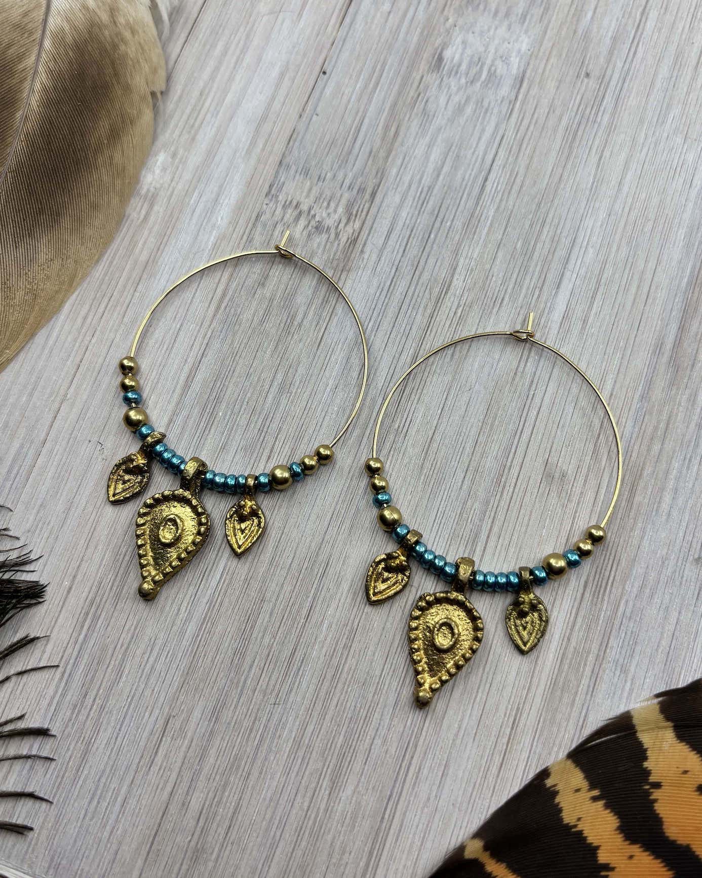 Brass Charmed Beaded Hoop Tribal Earrings