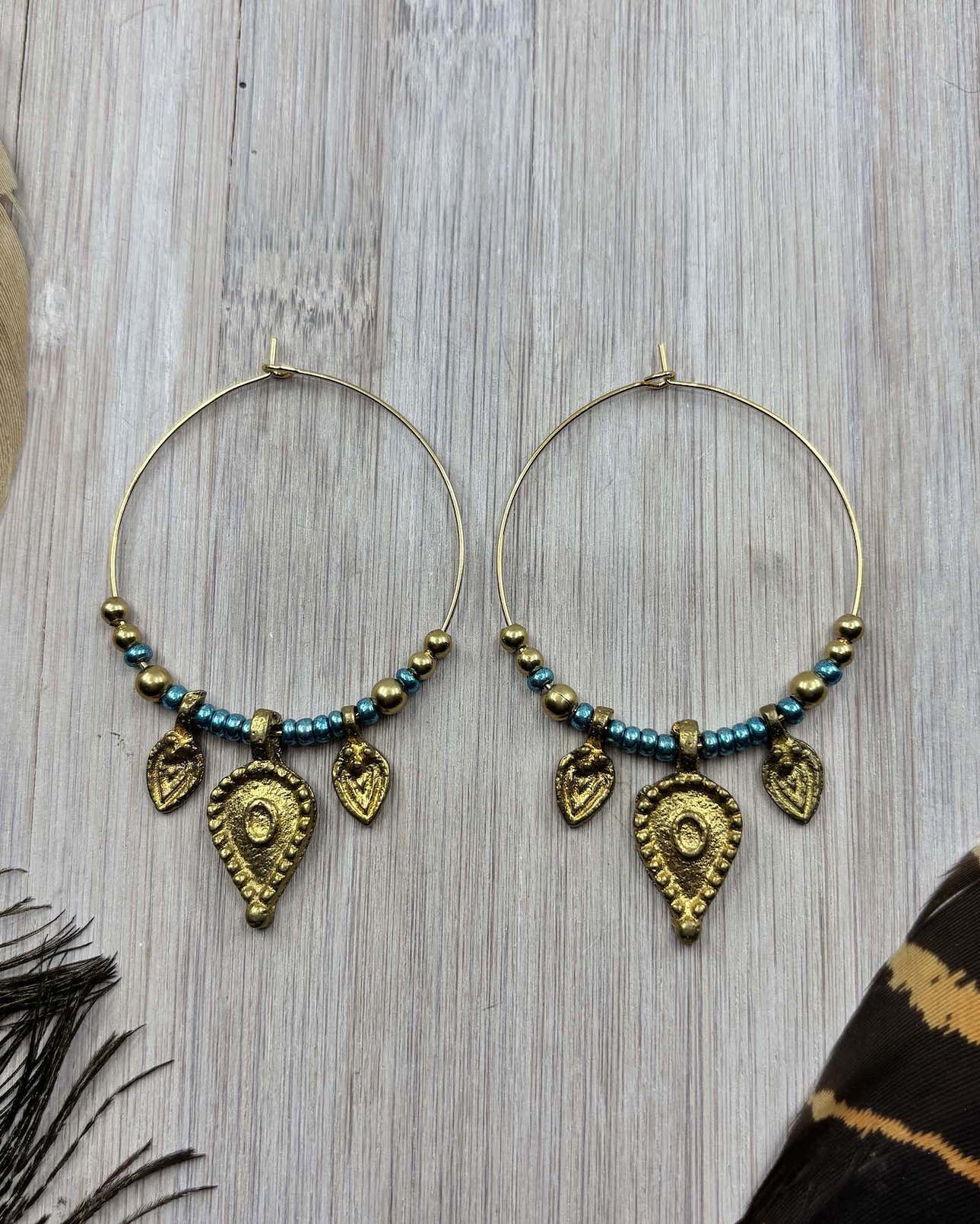 Brass Charmed Beaded Hoop Tribal Earrings