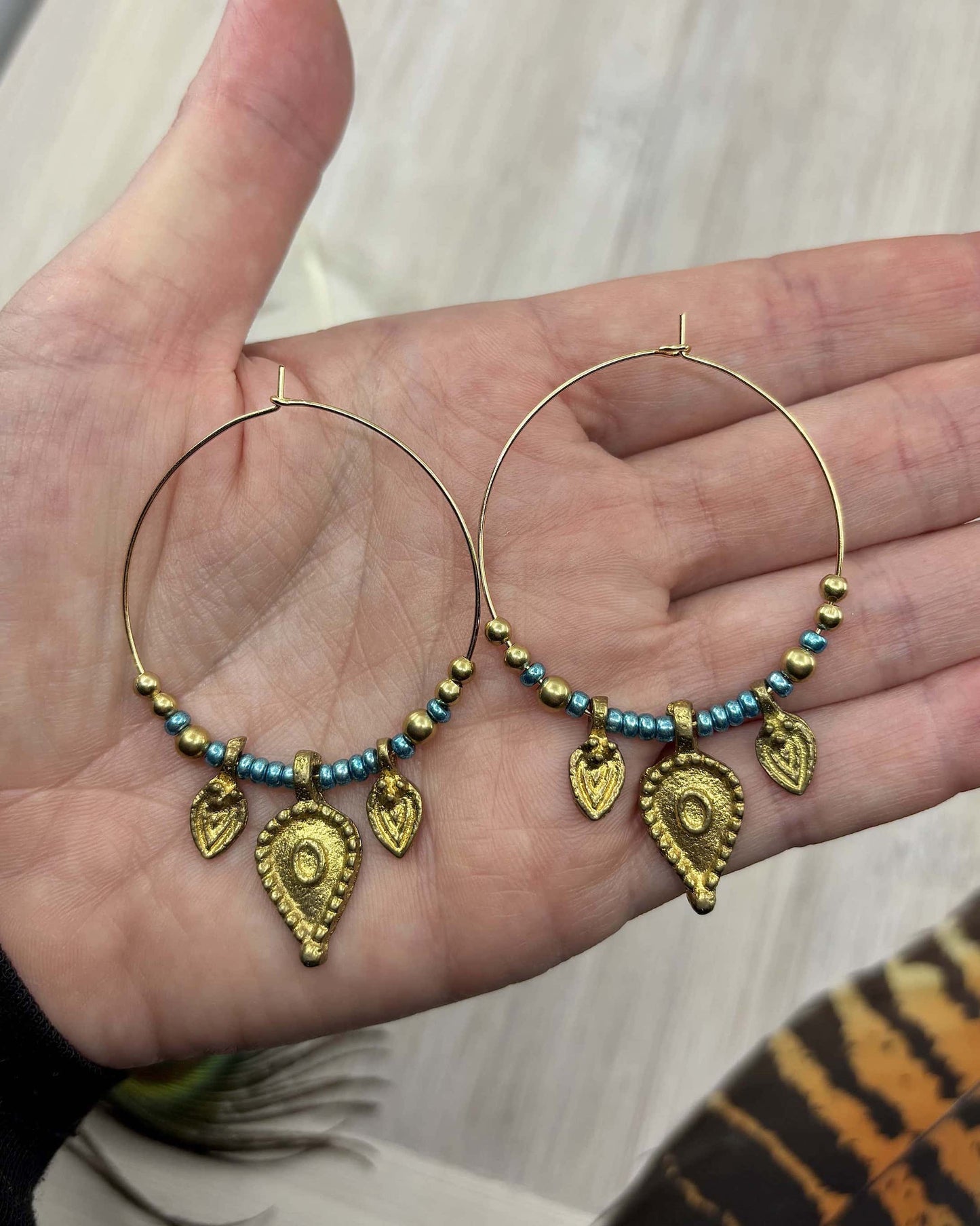 Brass Charmed Beaded Hoop Tribal Earrings