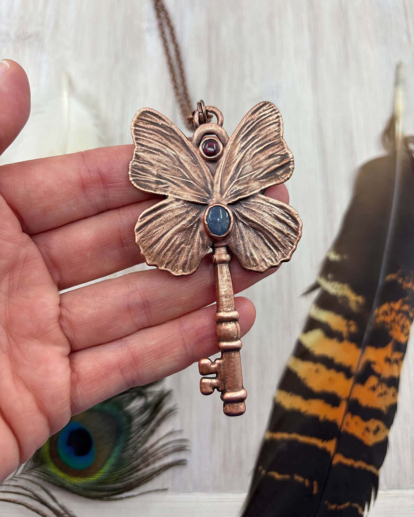 REAL Butterfly Wing Key Necklace with Blue Sapphire & Garnet - Electroformed