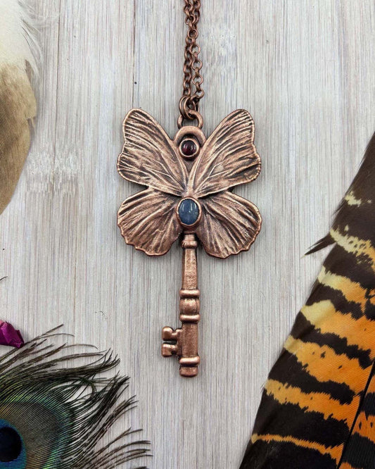 REAL Butterfly Wing Key Necklace with Blue Sapphire & Garnet - Electroformed