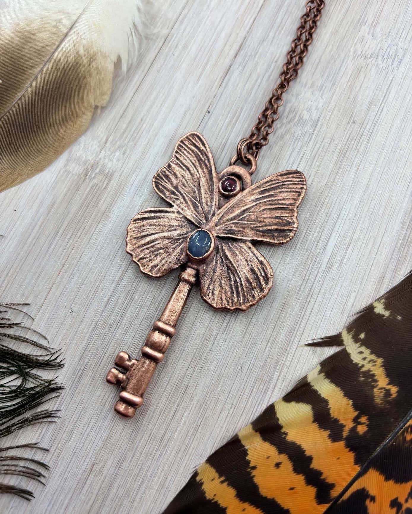 REAL Butterfly Wing Key Necklace with Blue Sapphire & Garnet - Electroformed