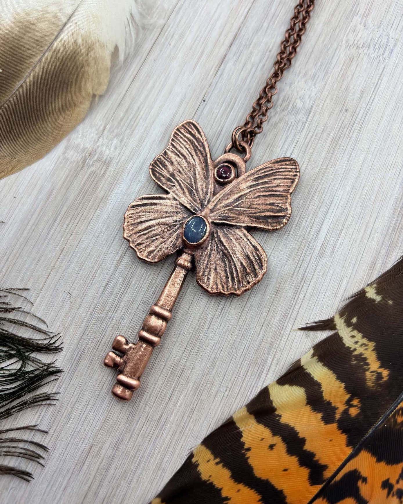 REAL Butterfly Wing Key Necklace with Blue Sapphire & Garnet - Electroformed