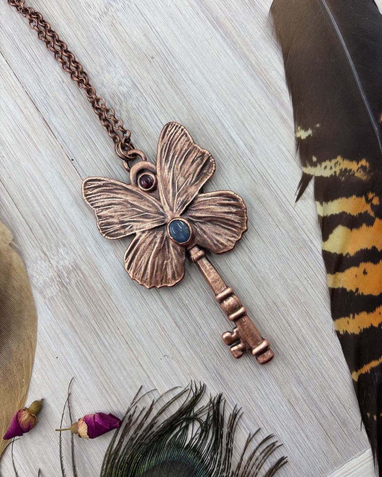 REAL Butterfly Wing Key Necklace with Blue Sapphire & Garnet - Electroformed