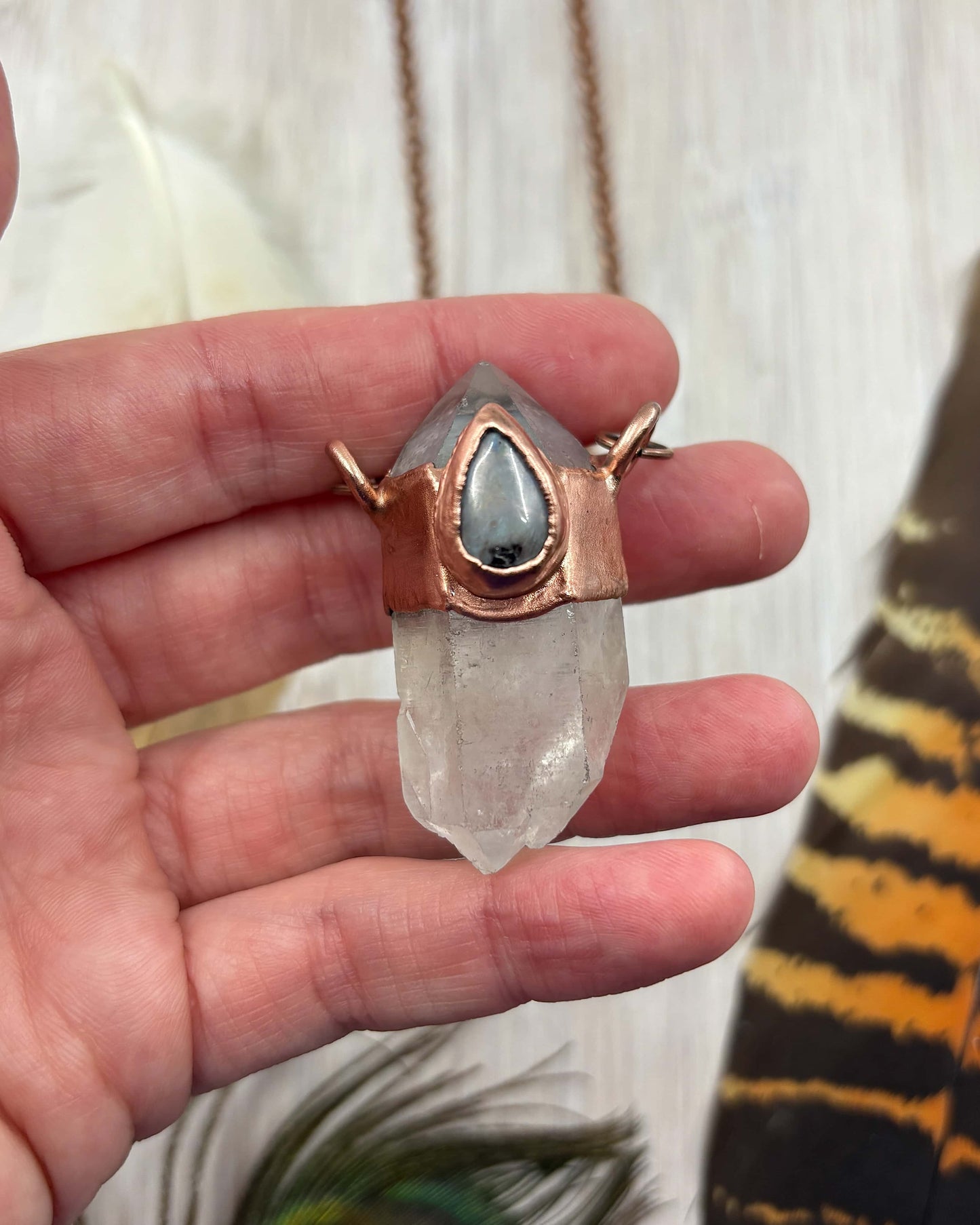 Clear Quartz & Rainbow Moonstone Pendant - Copper Electroformed