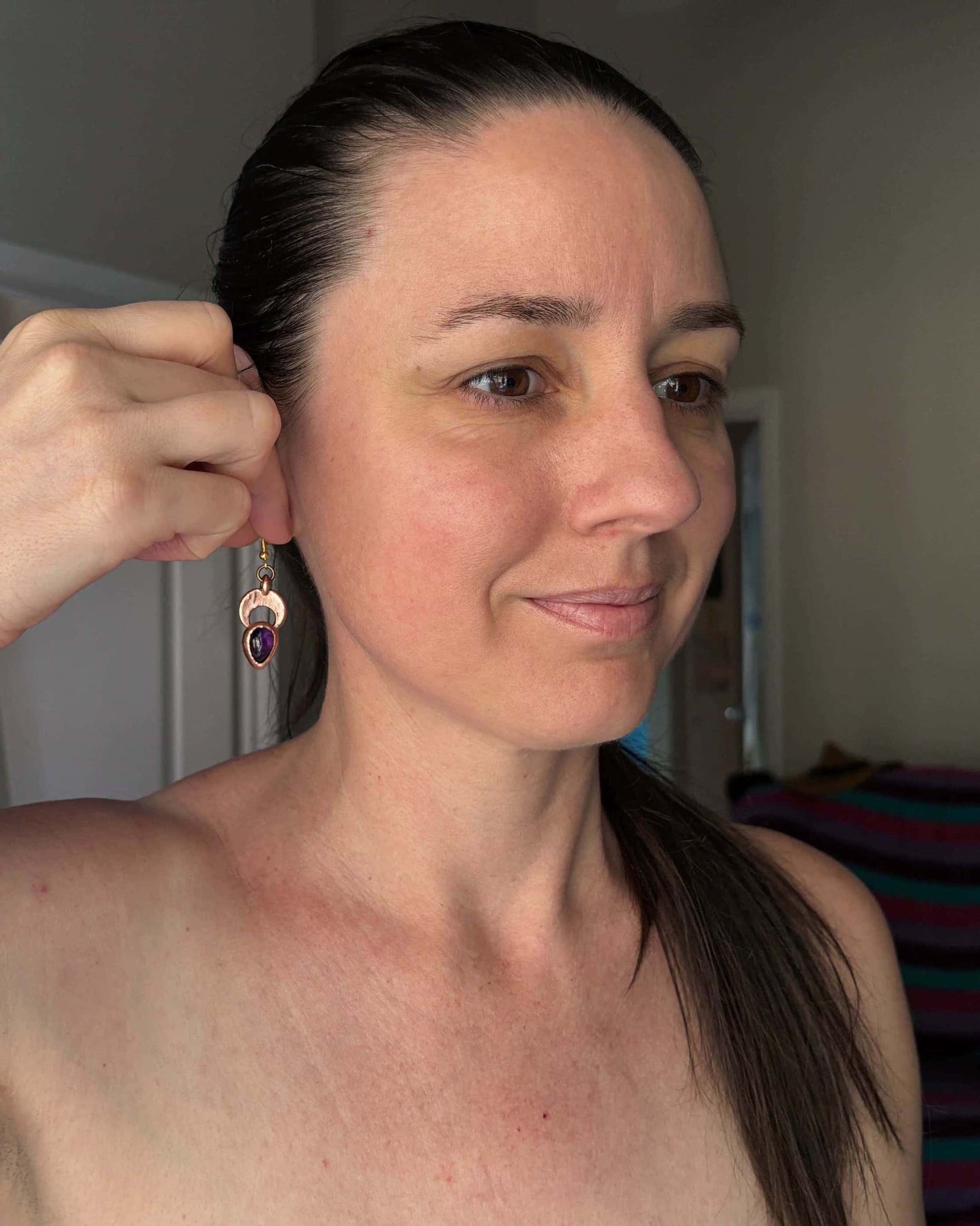 Made To Order - Amethyst Crescent Moon Drop Copper Earrings