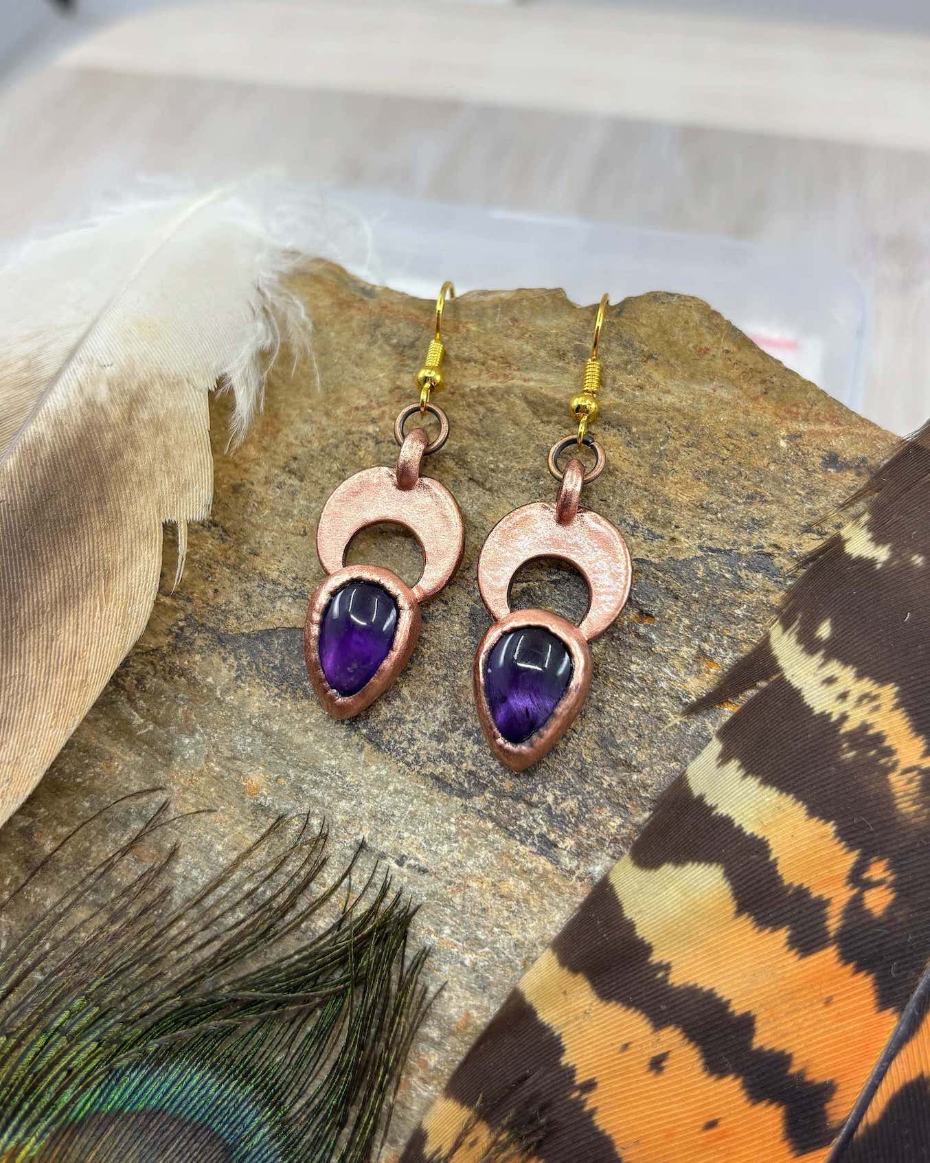 Made To Order - Amethyst Crescent Moon Drop Copper Earrings