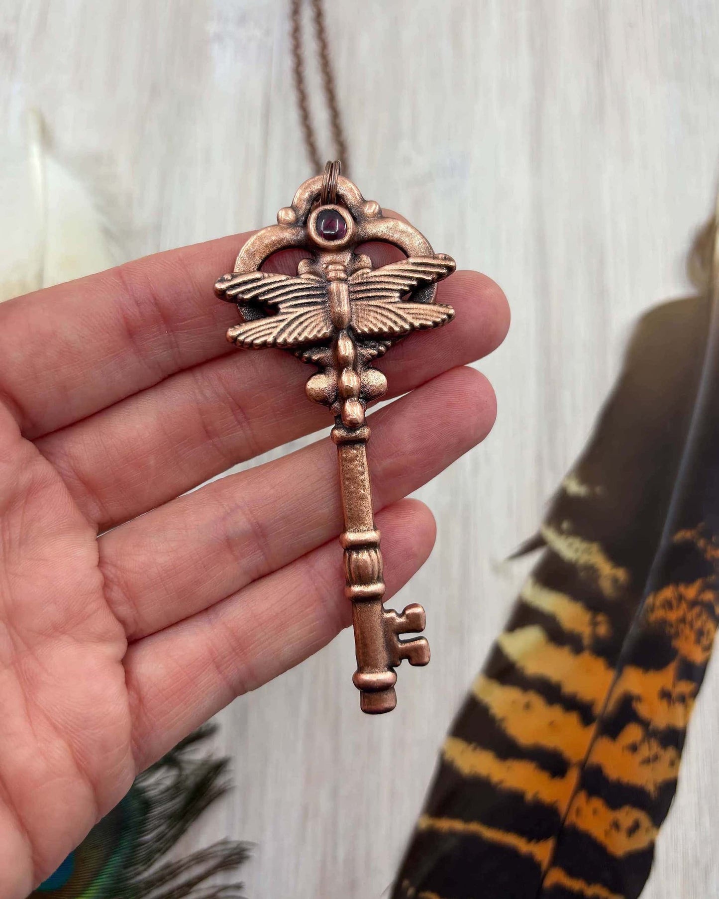 Dragonfly Key Pendant with Garnet - Electroformed