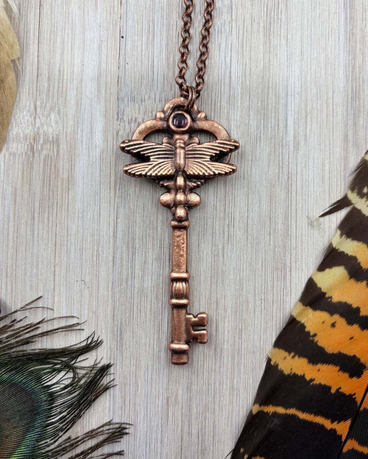 Dragonfly Key Pendant with Garnet - Electroformed