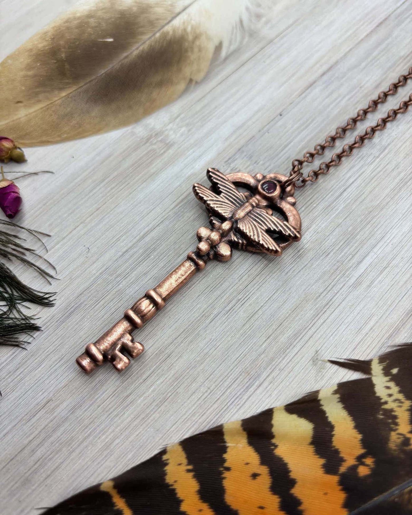 Dragonfly Key Pendant with Garnet - Electroformed