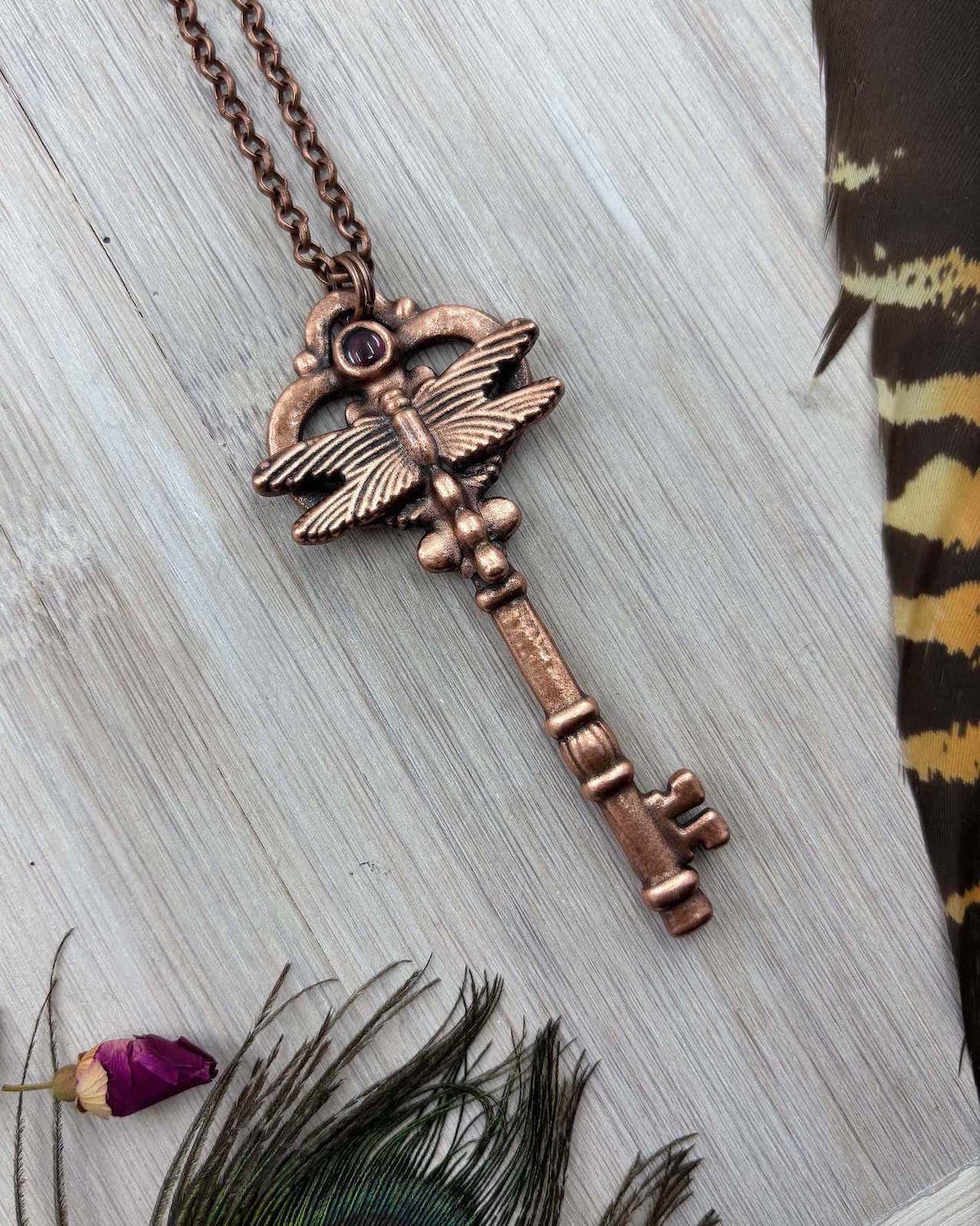 Dragonfly Key Pendant with Garnet - Electroformed