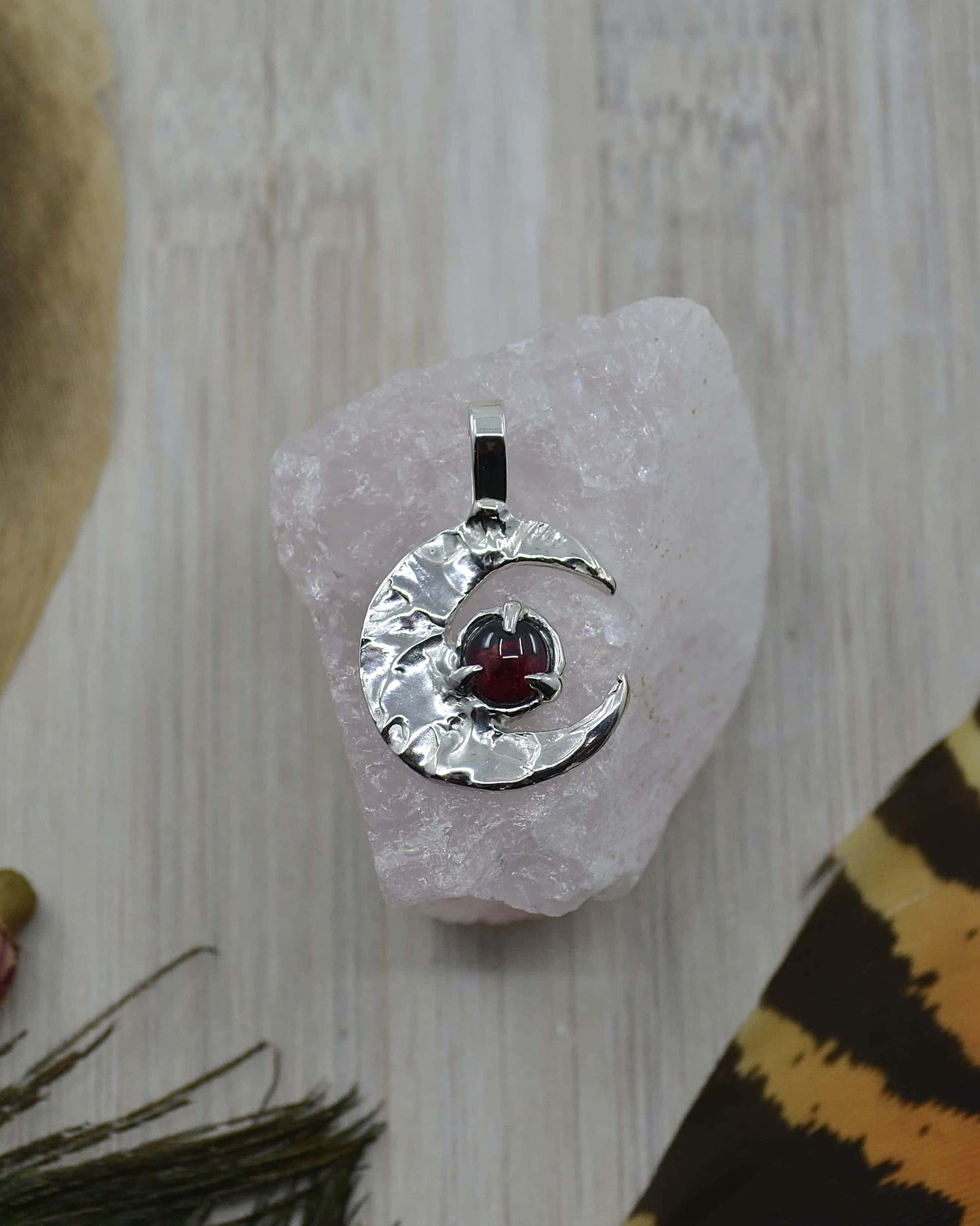 Crescent Moon Garnet Sterling Silver Pendant