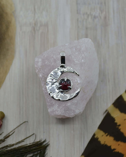 Crescent Moon Garnet Sterling Silver Pendant