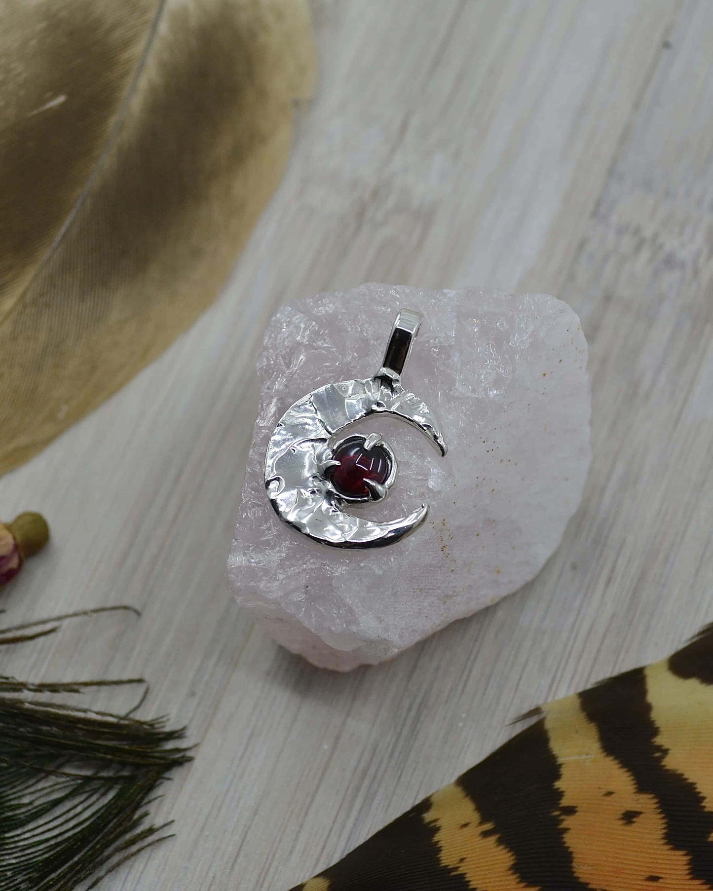 Crescent Moon Garnet Sterling Silver Pendant