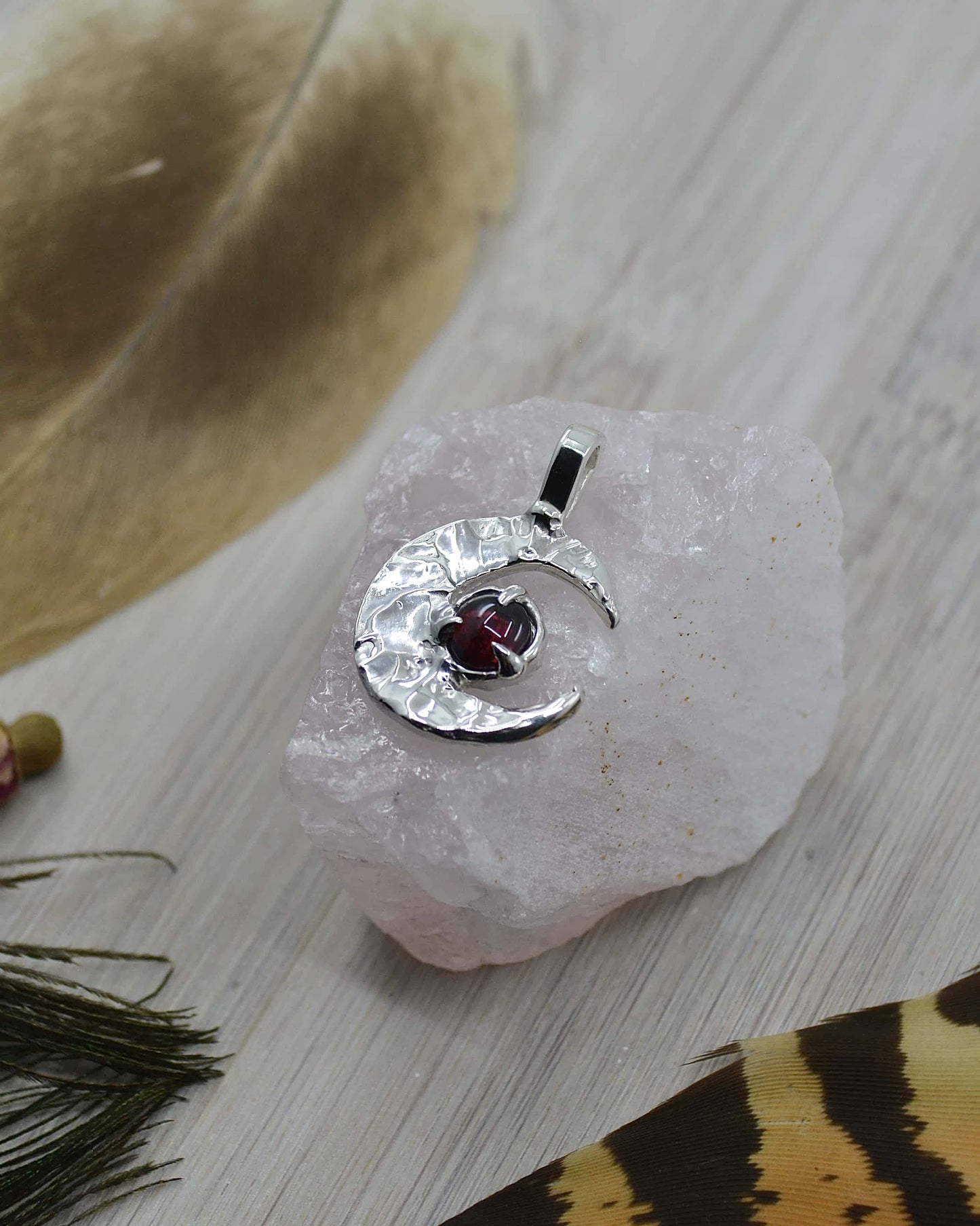 Crescent Moon Garnet Sterling Silver Pendant