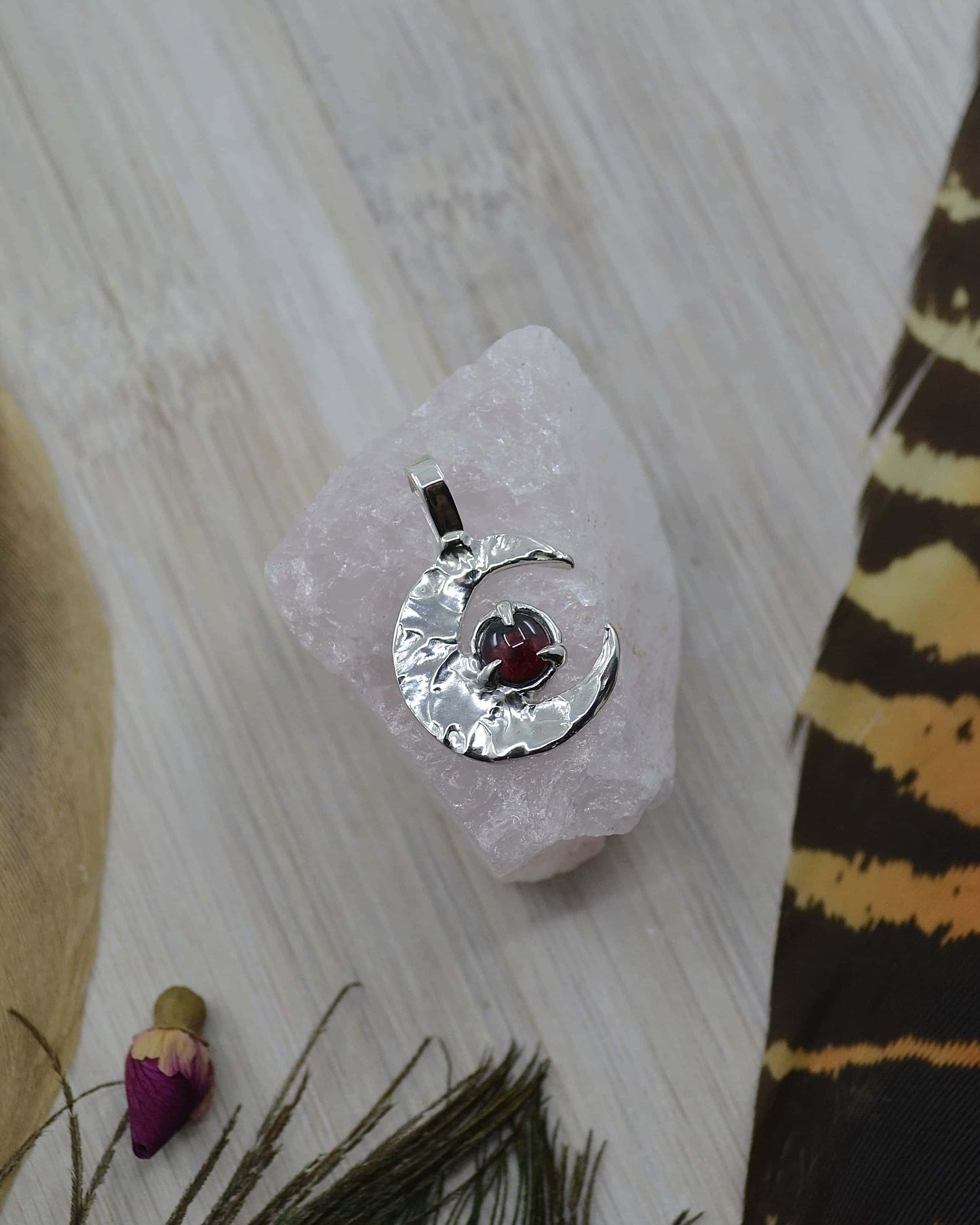 Crescent Moon Garnet Sterling Silver Pendant