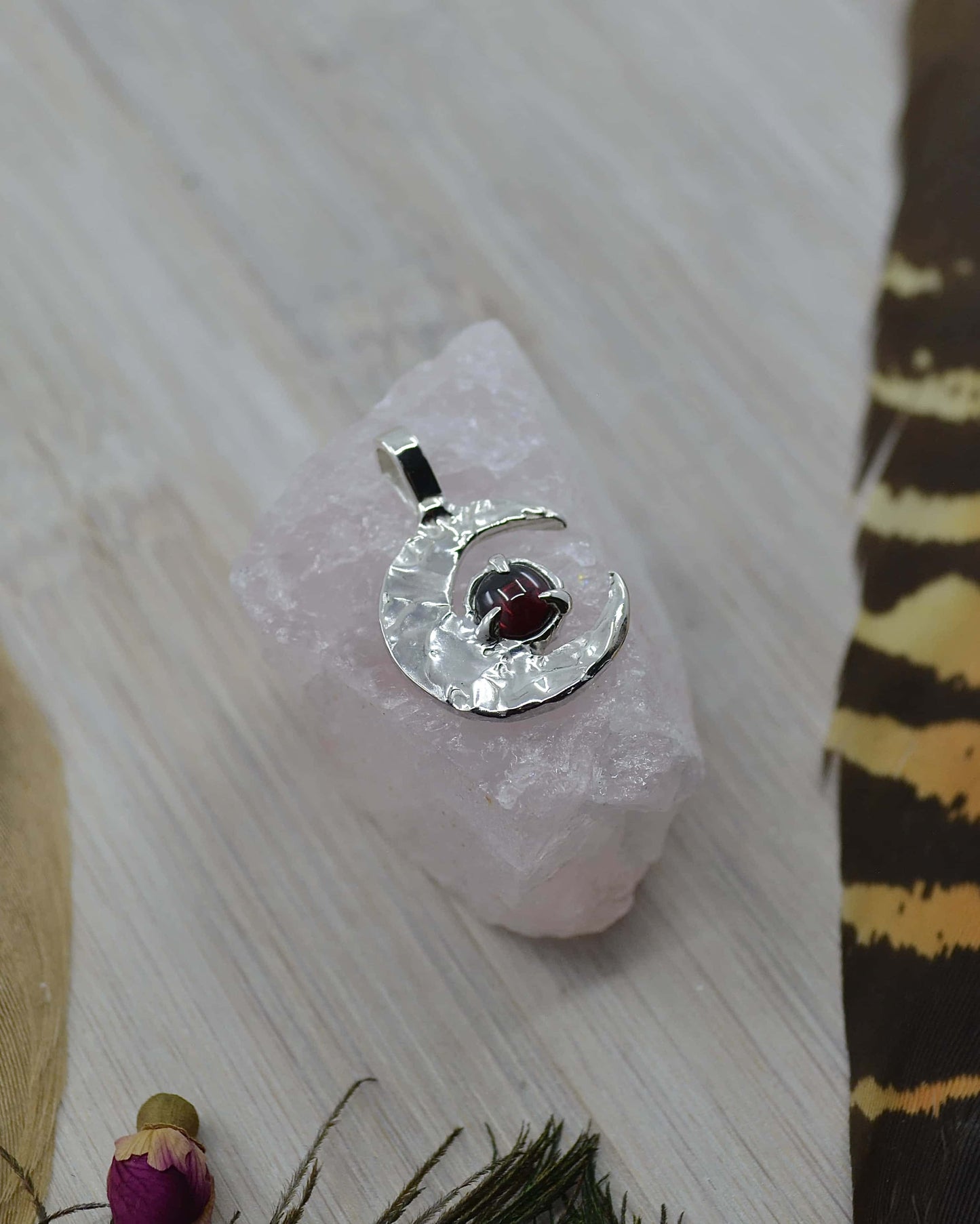 Crescent Moon Garnet Sterling Silver Pendant