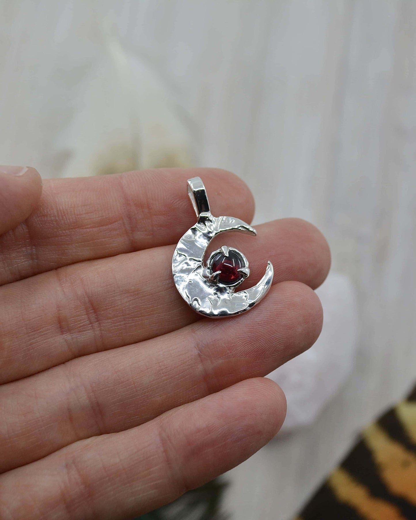 Crescent Moon Garnet Sterling Silver Pendant