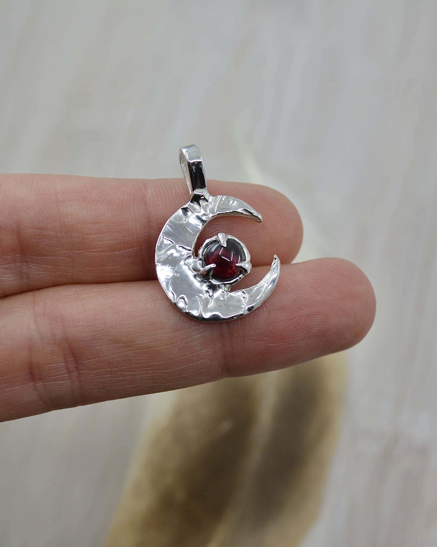 Crescent Moon Garnet Sterling Silver Pendant