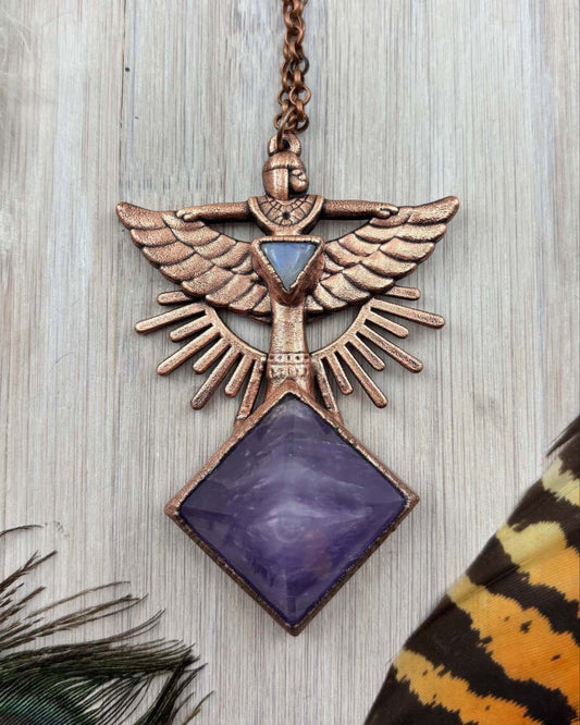 Egyptian Goddess Isis with Amethyst Pyramid & Rainbow Moonstone- Copper Electroformed