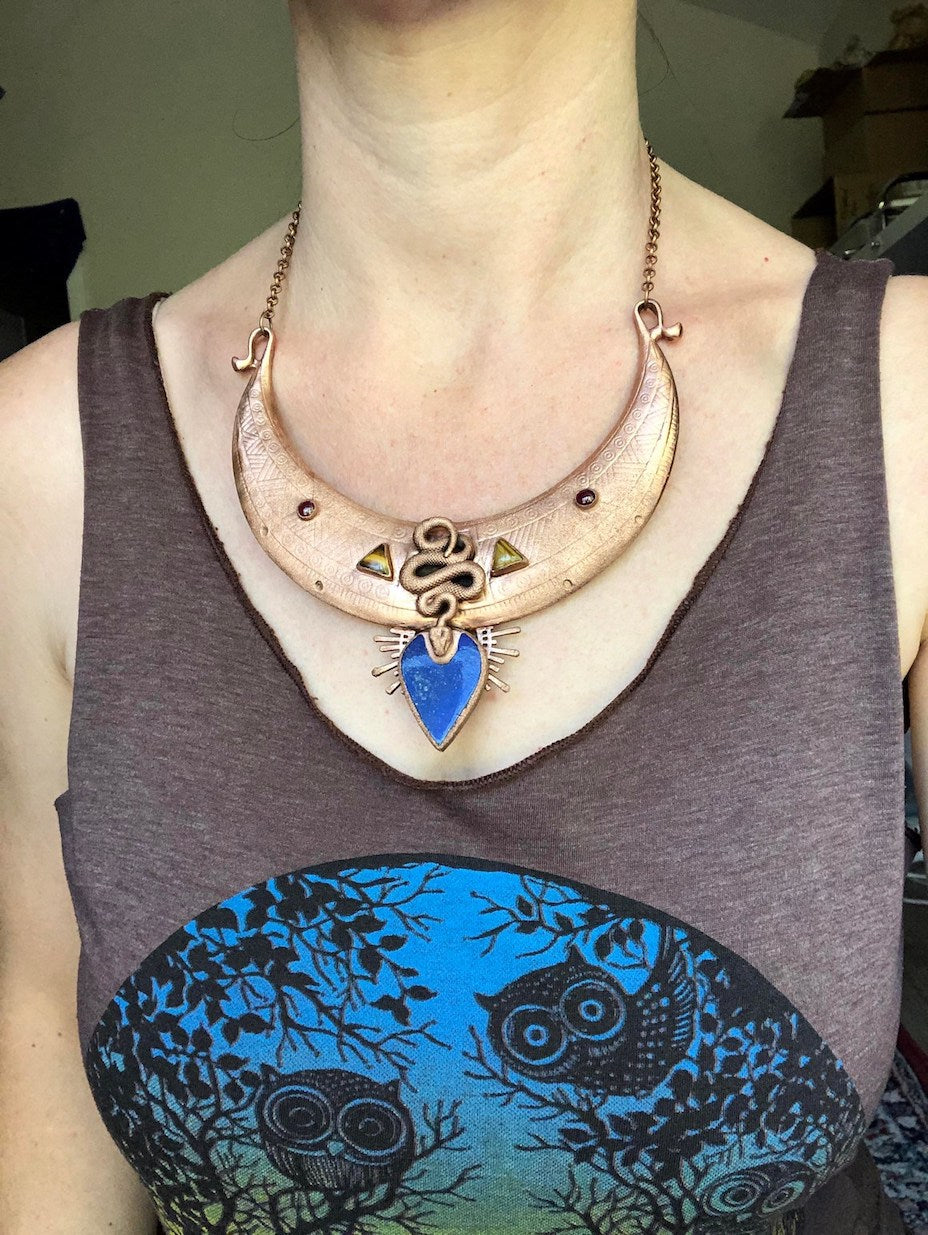 model wearing Snake Necklace with Lapis Lazuli, Garnet, Triangle Tiger Eye Serpent Chest Plate - Electroformed