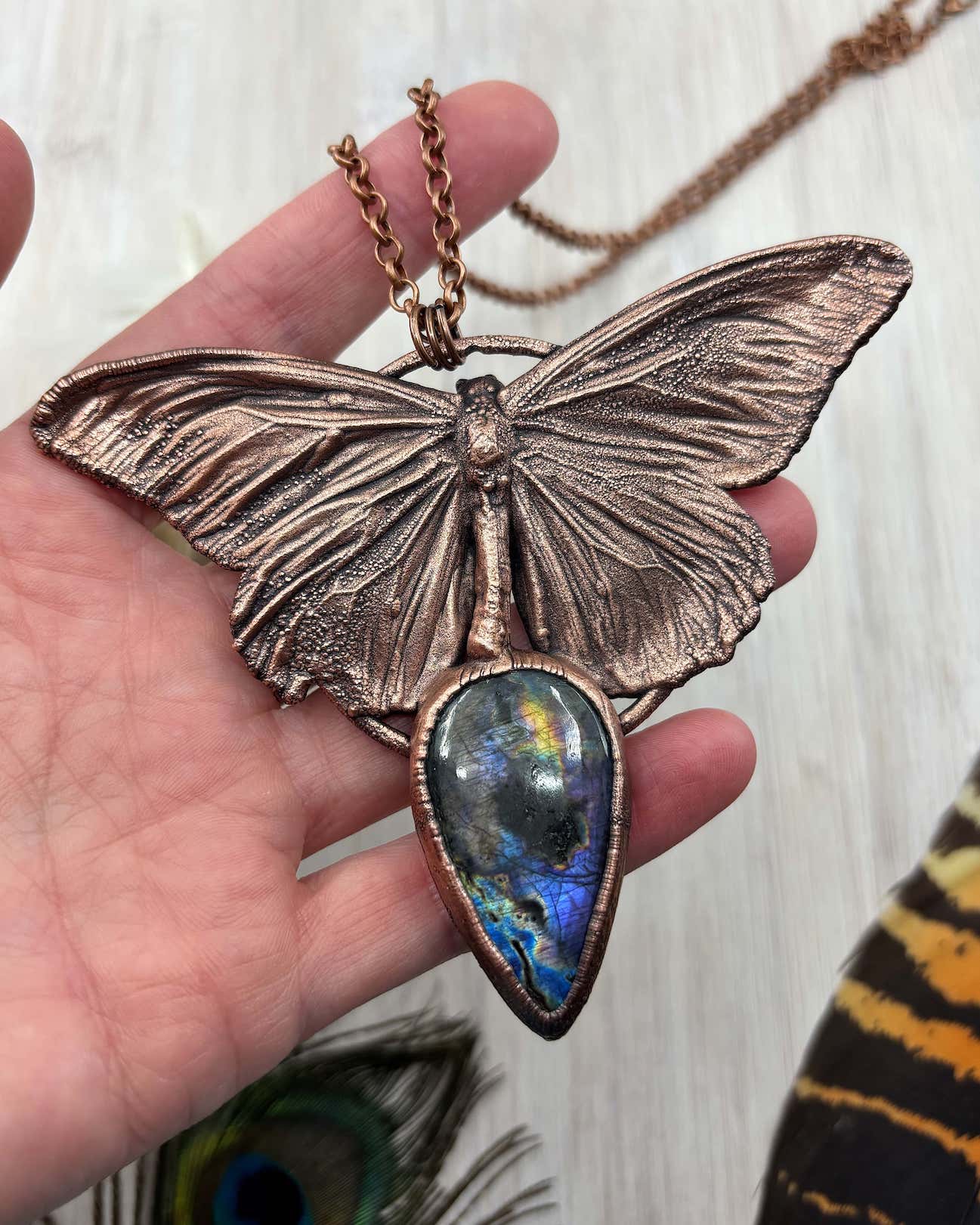 REAL Large Monarch Butterfly Necklace with Purple Labradorite - Electroformed