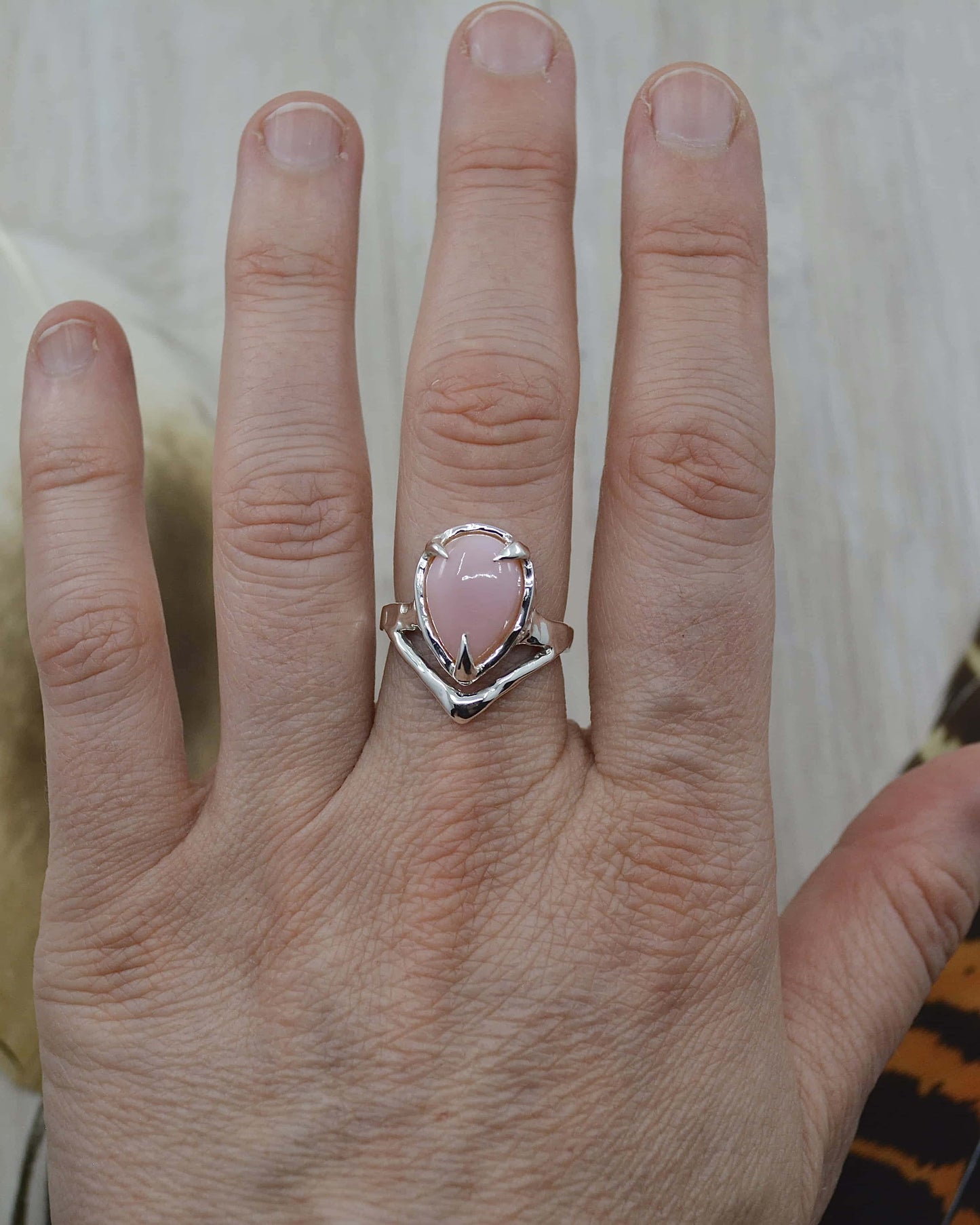 Pink Opal Molten Sterling Silver Ring - 7.5 US