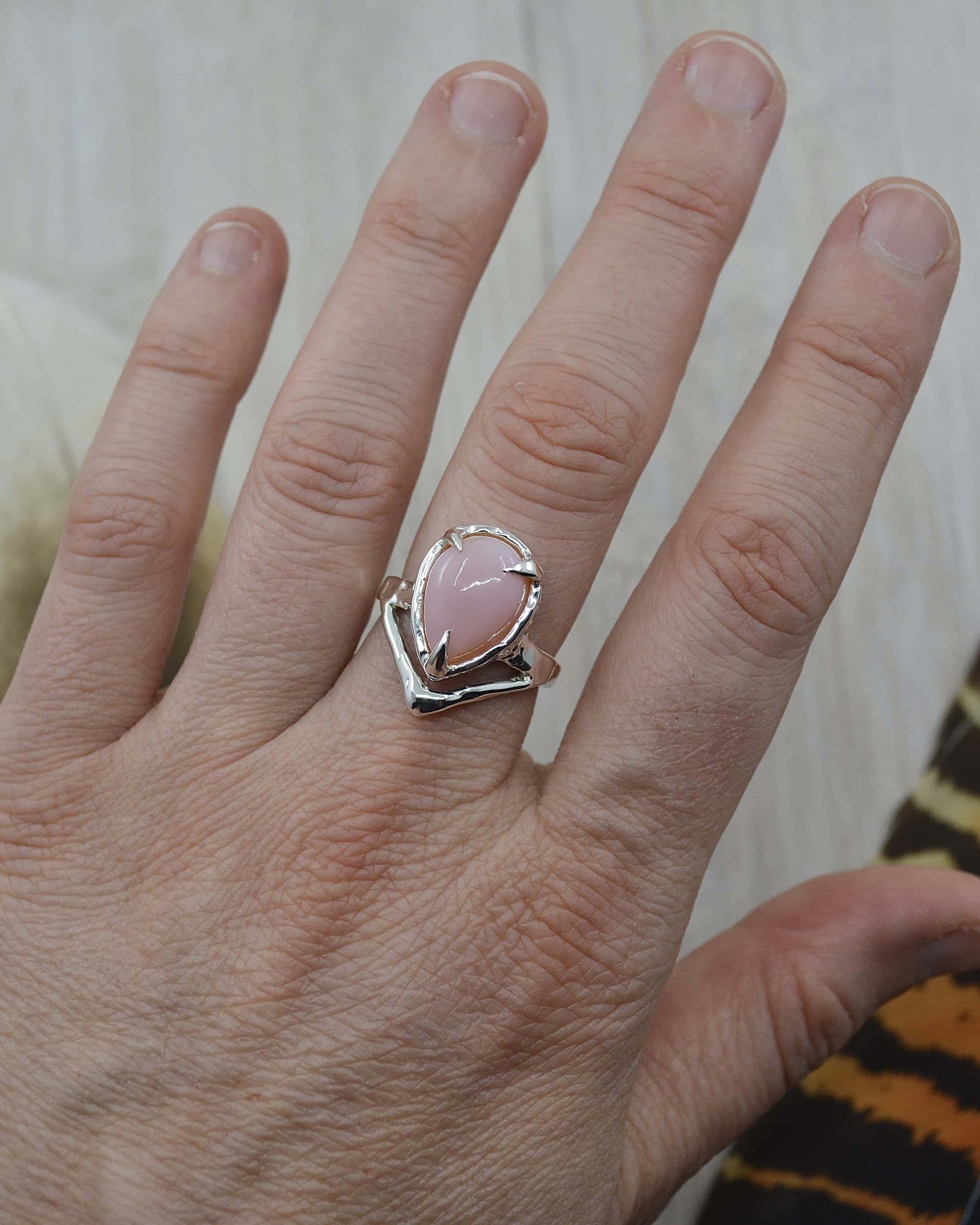 Pink Opal Molten Sterling Silver Ring - 7.5 US