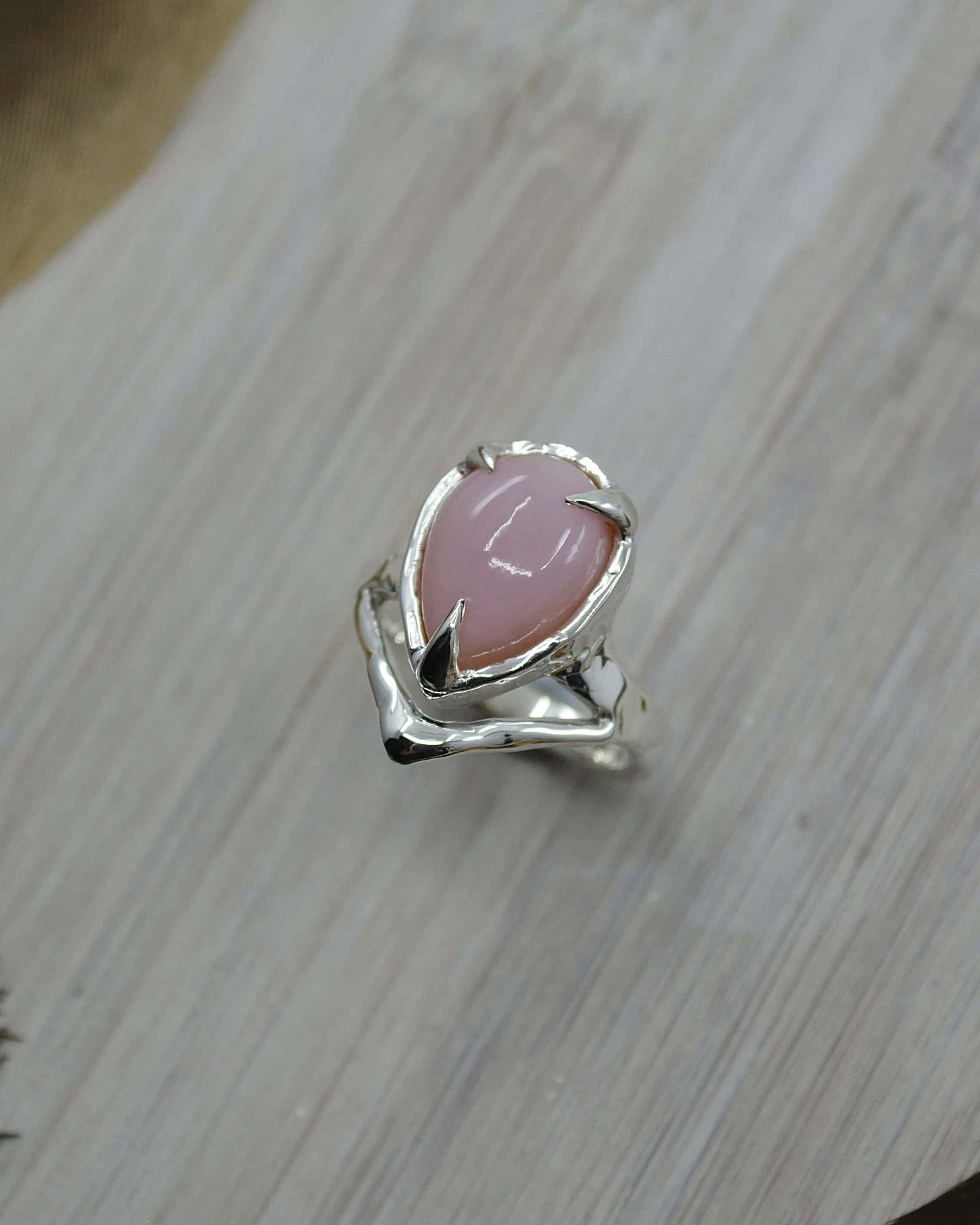 Pink Opal Molten Sterling Silver Ring - 7.5 US