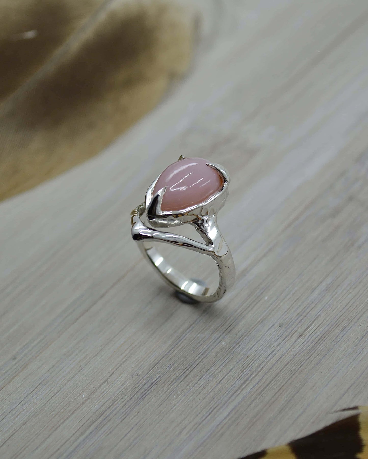 Pink Opal Molten Sterling Silver Ring - 7.5 US