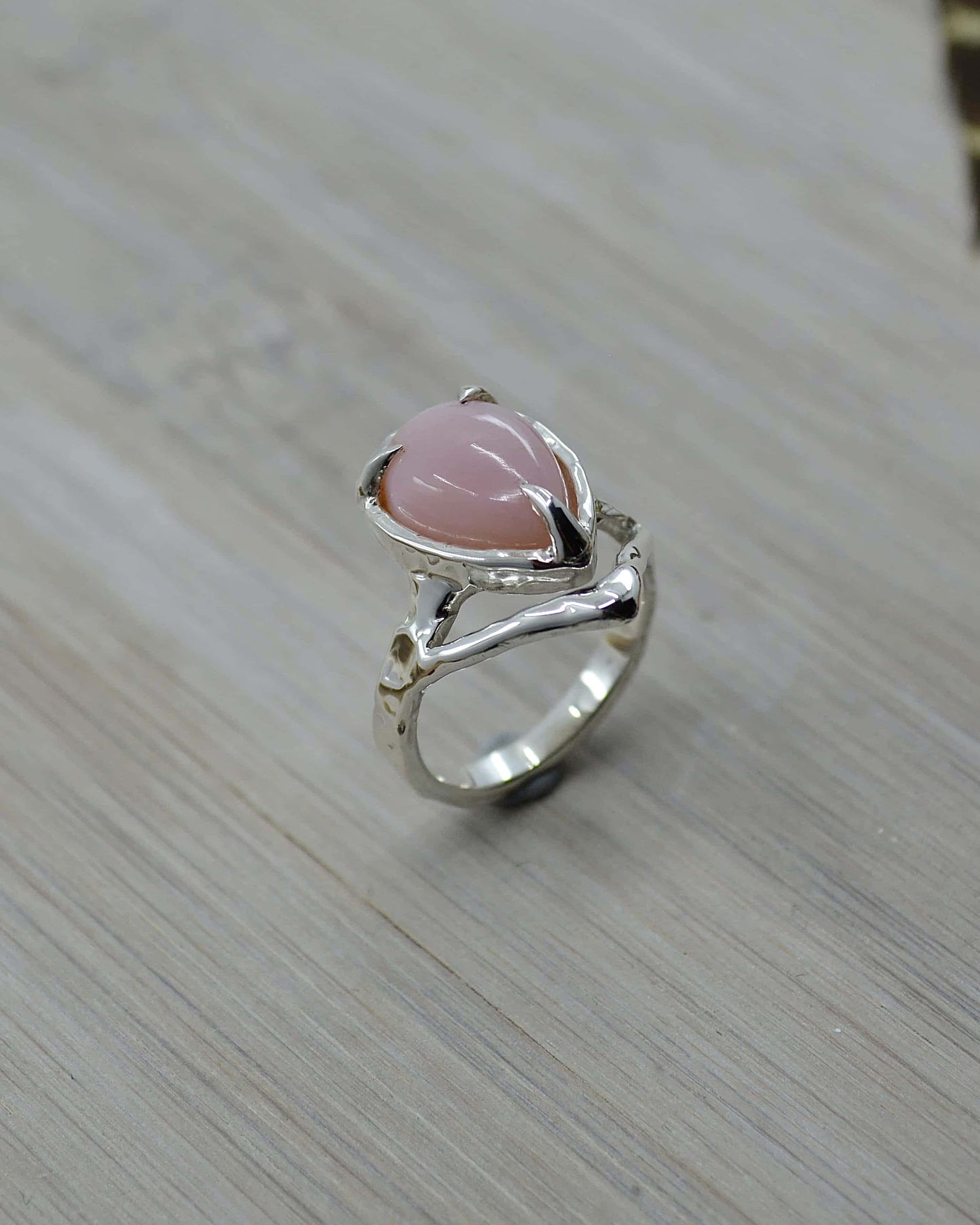 Pink Opal Molten Sterling Silver Ring - 7.5 US