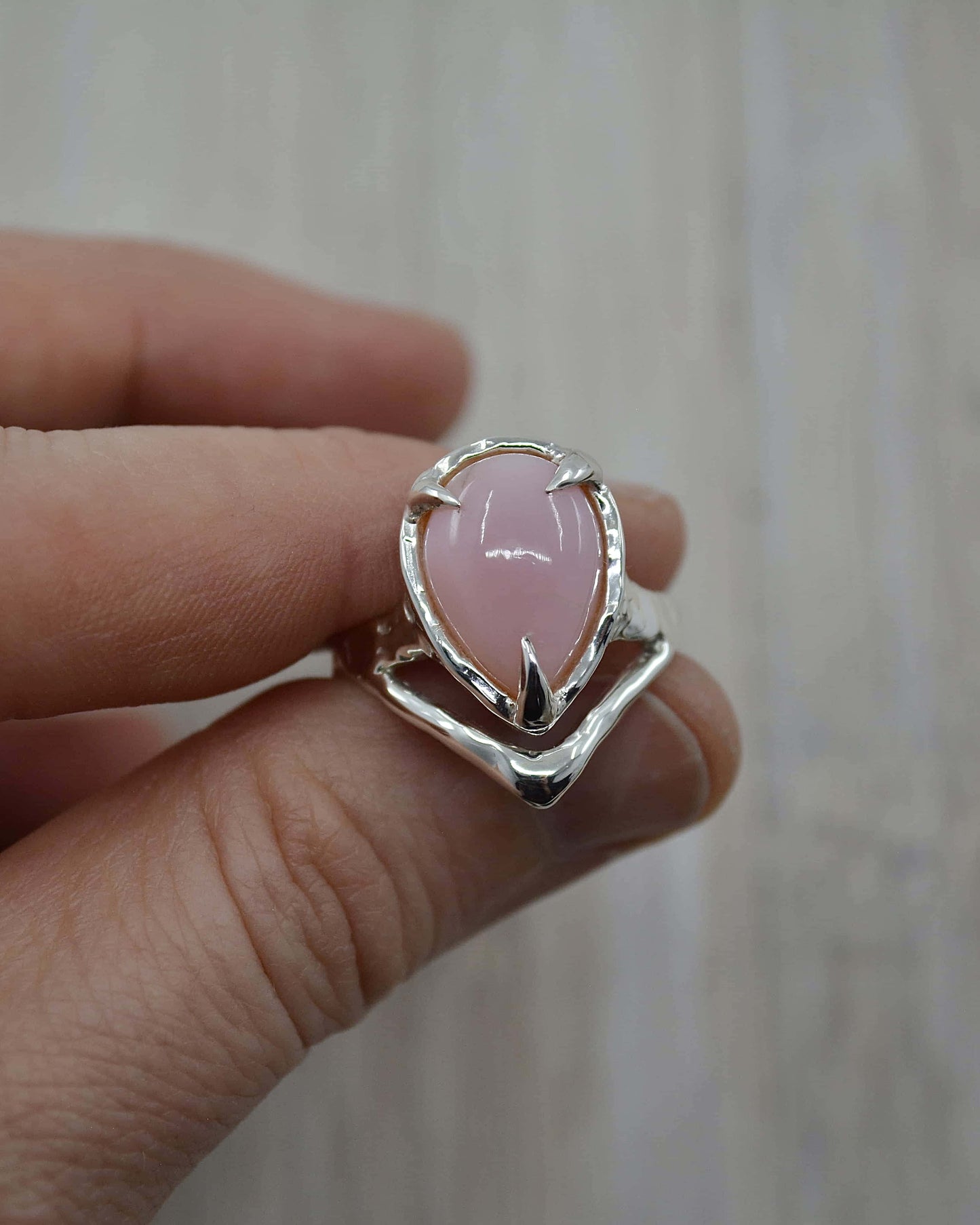 Pink Opal Molten Sterling Silver Ring - 7.5 US