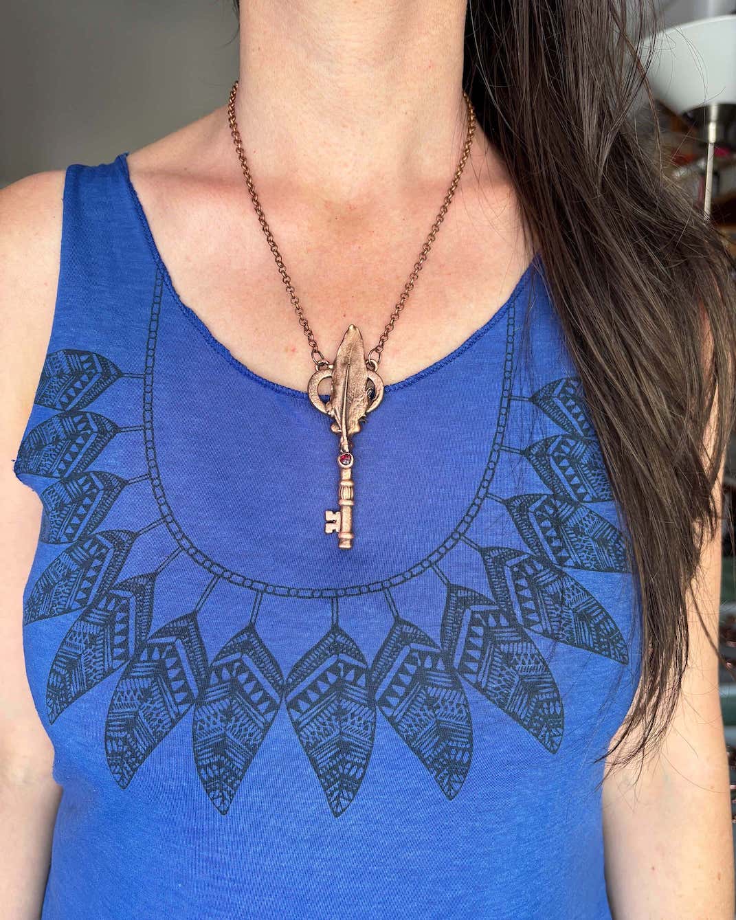 REAL Feather Key Pendant with Garnet - Electroformed