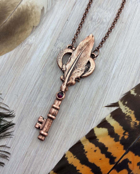 REAL Feather Key Pendant with Garnet - Electroformed