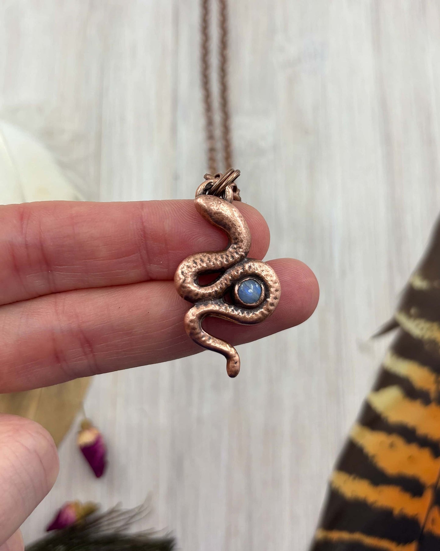 Snake With Rainbow Moonstone Pendant - Copper Electroformed