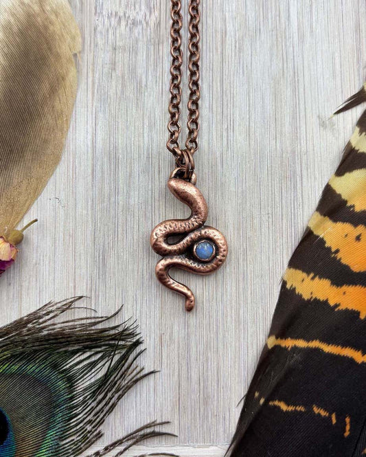 Snake With Rainbow Moonstone Pendant - Copper Electroformed