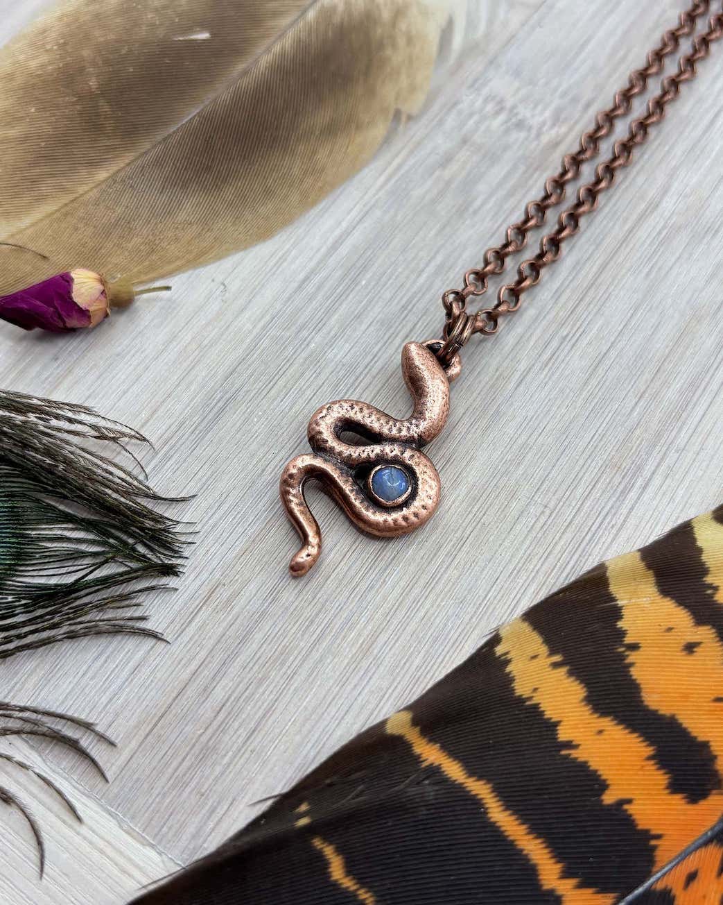Snake With Rainbow Moonstone Pendant - Copper Electroformed