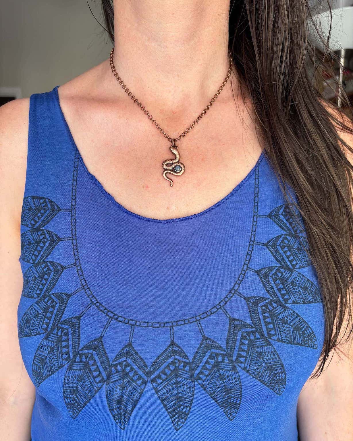 Snake With Rainbow Moonstone Pendant - Copper Electroformed