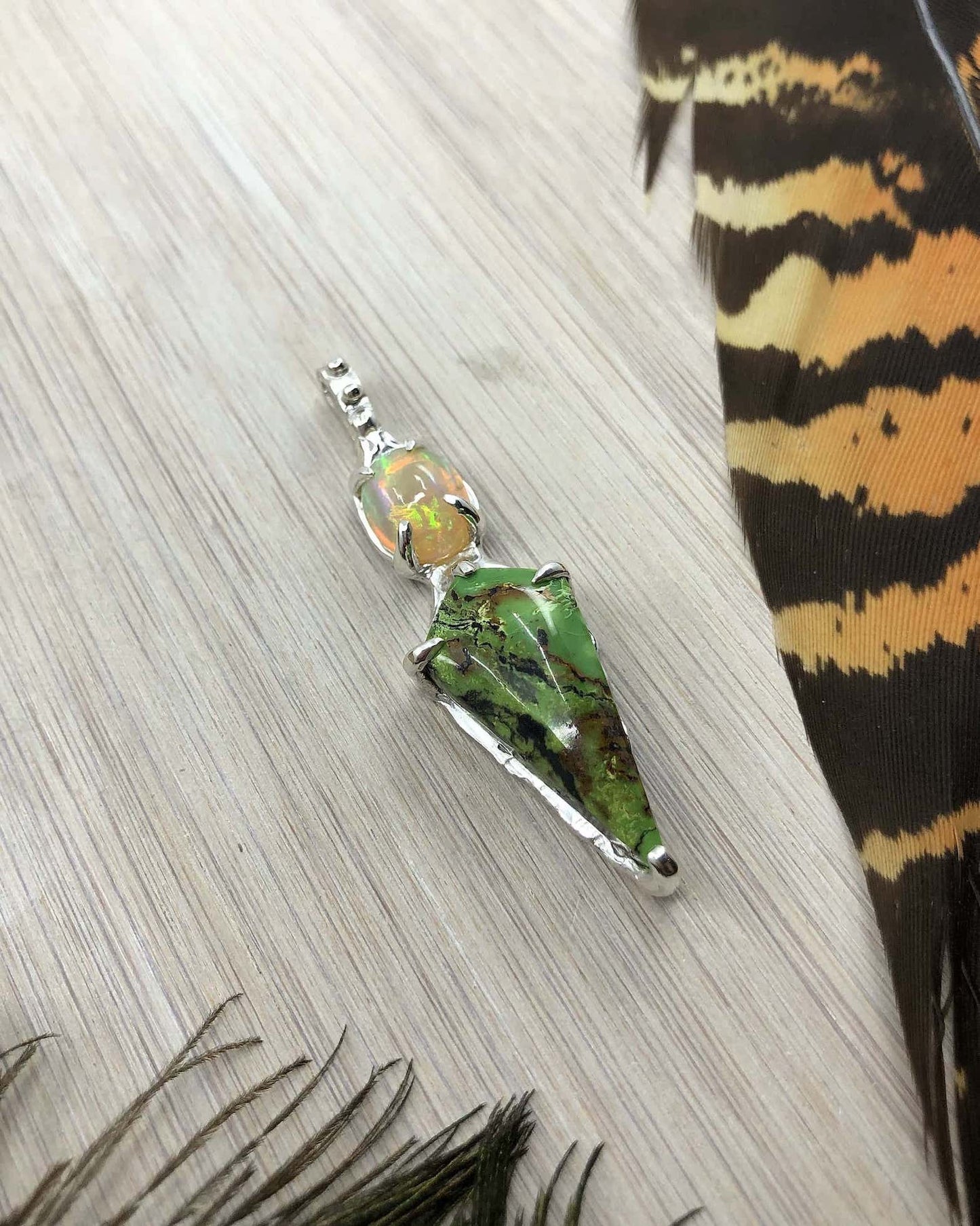 Ethiopian Opal & Yungai Green Turquoise Sterling Silver Pendant
