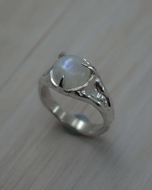 Rainbow Moonstone Sterling Silver Textured Ring - size  7.25 US