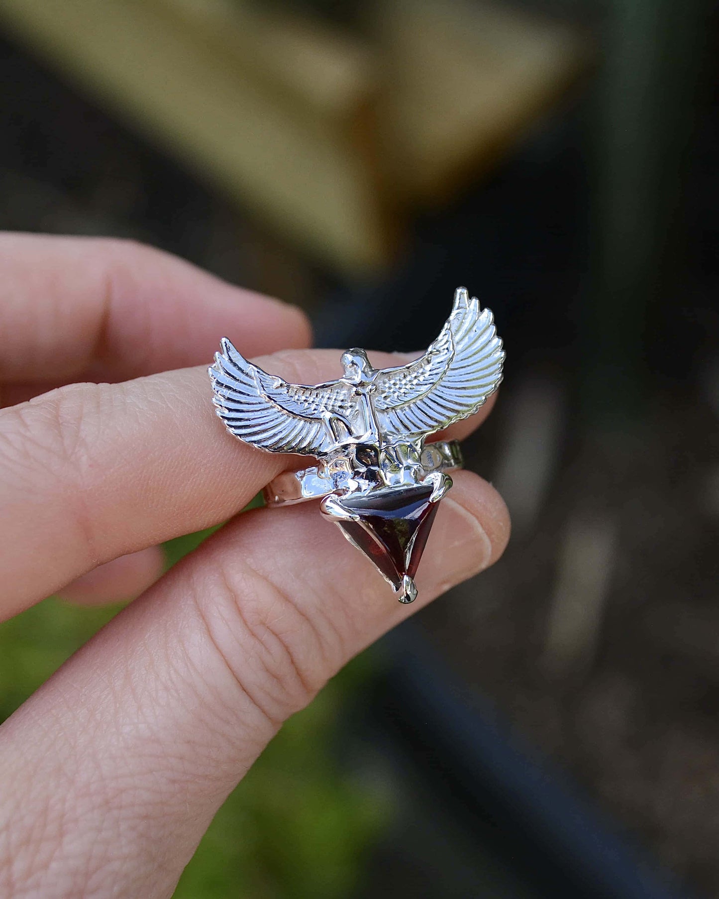 Egyptian Goddess Triangle Garnet Sterling Silver Ring - 6.75 US