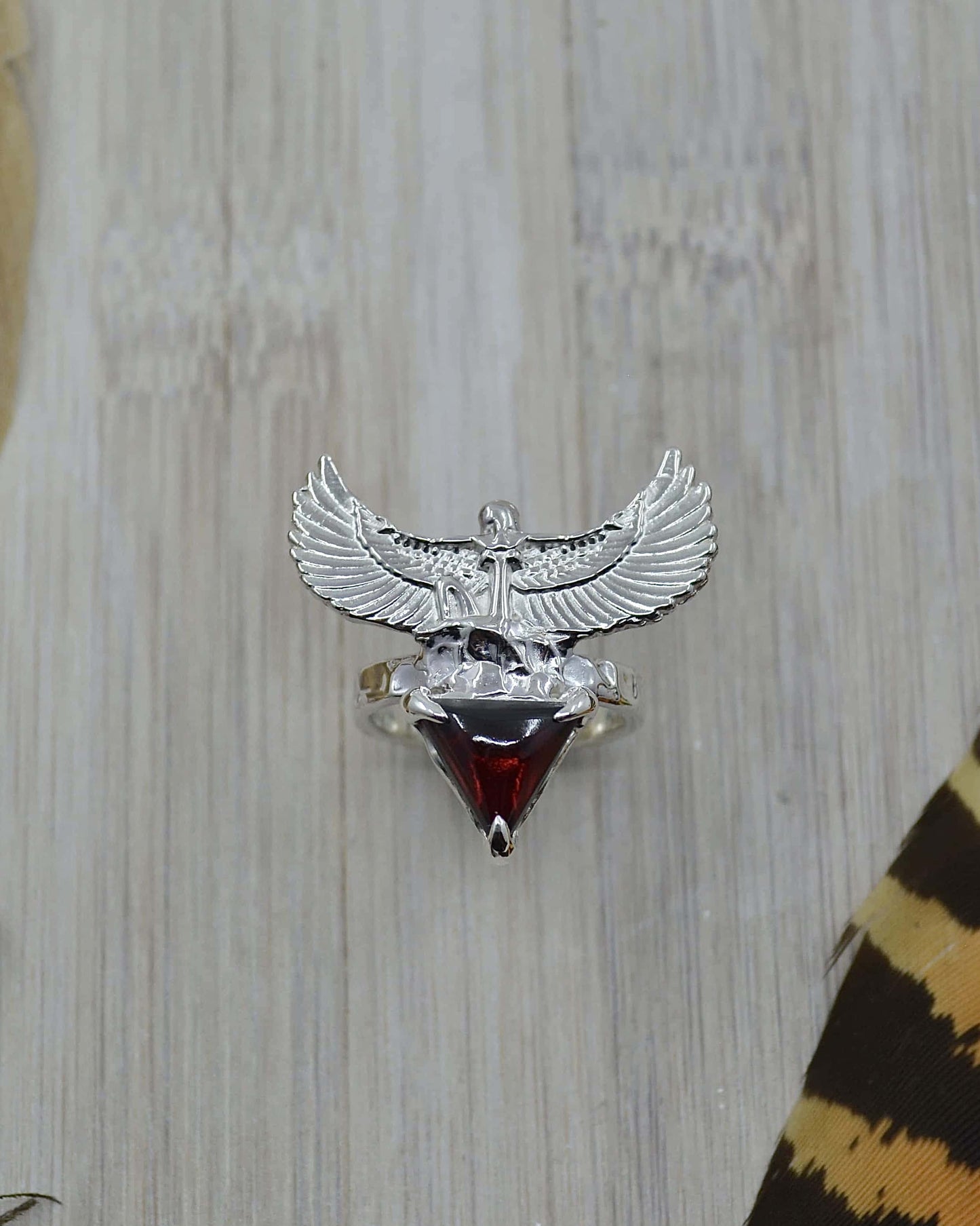 Egyptian Goddess Triangle Garnet Sterling Silver Ring - 6.75 US