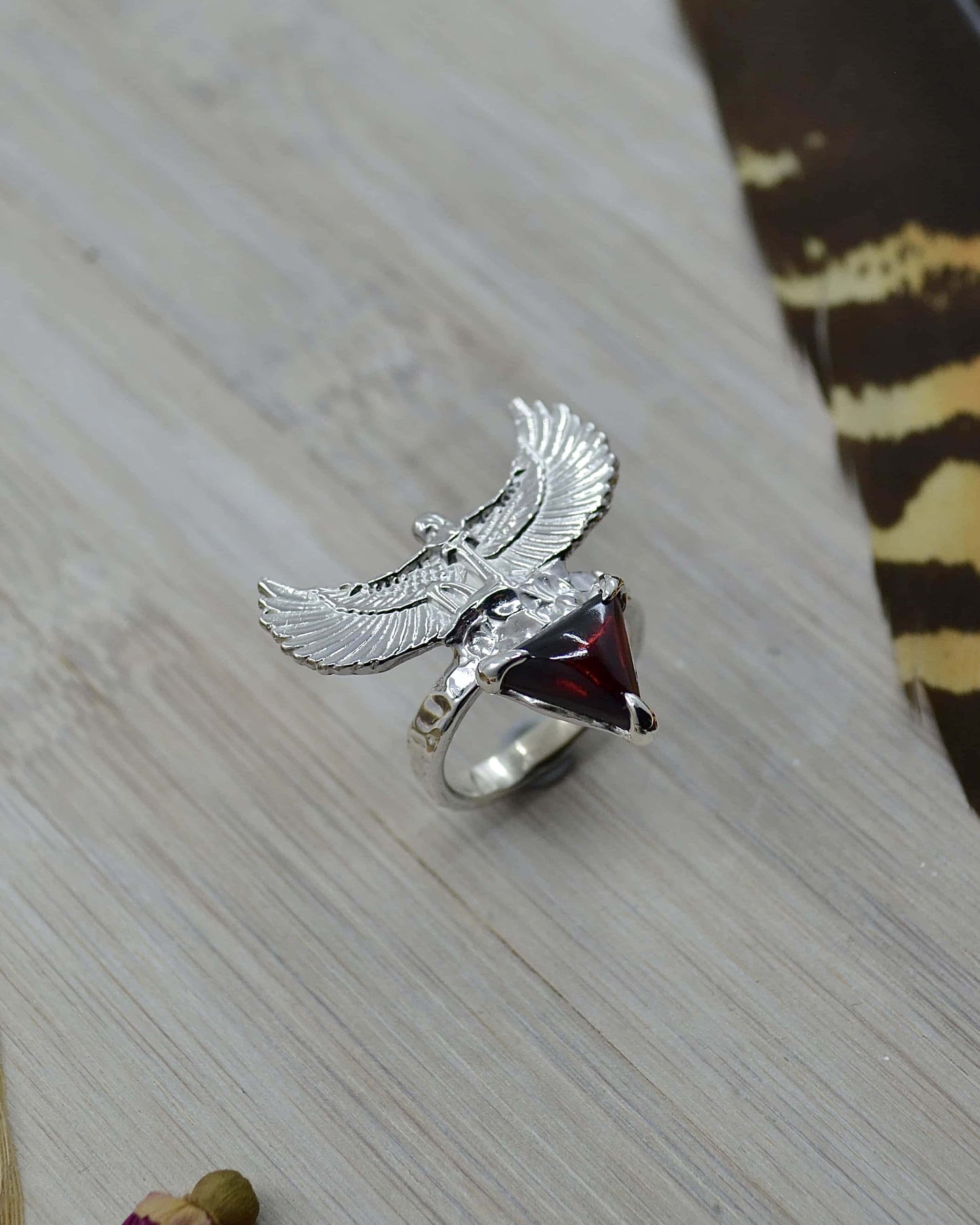 Egyptian Goddess Triangle Garnet Sterling Silver Ring - 6.75 US
