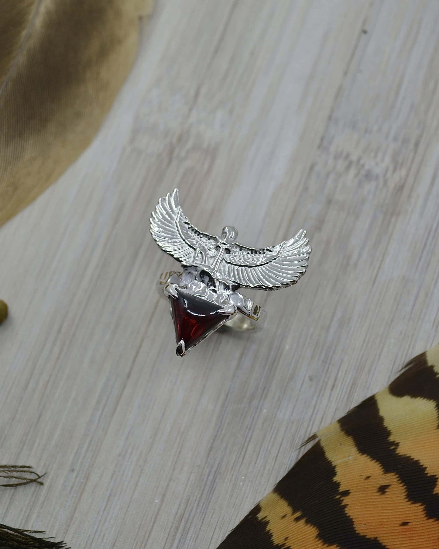 Egyptian Goddess Triangle Garnet Sterling Silver Ring - 6.75 US