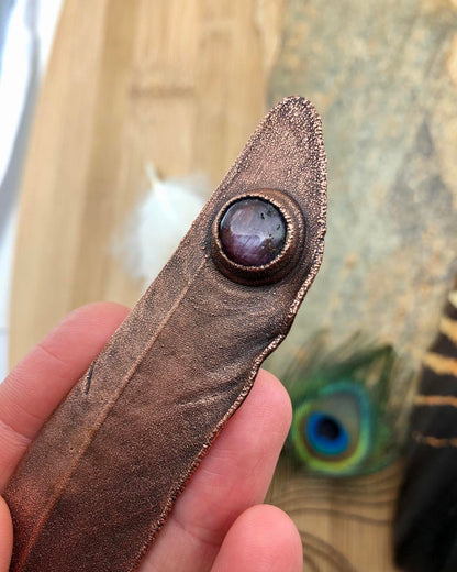 REAL Feather Necklace with Ruby - Copper Electroformed