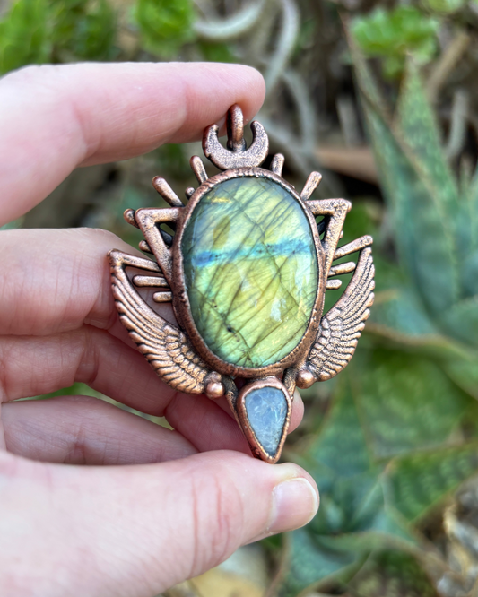 Labradorite and Rainbow Moonstone Awakening Necklace- Copper Electroformed