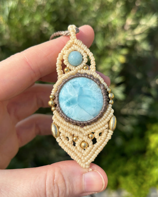 Round Larimar Macrame Amulet Pendant